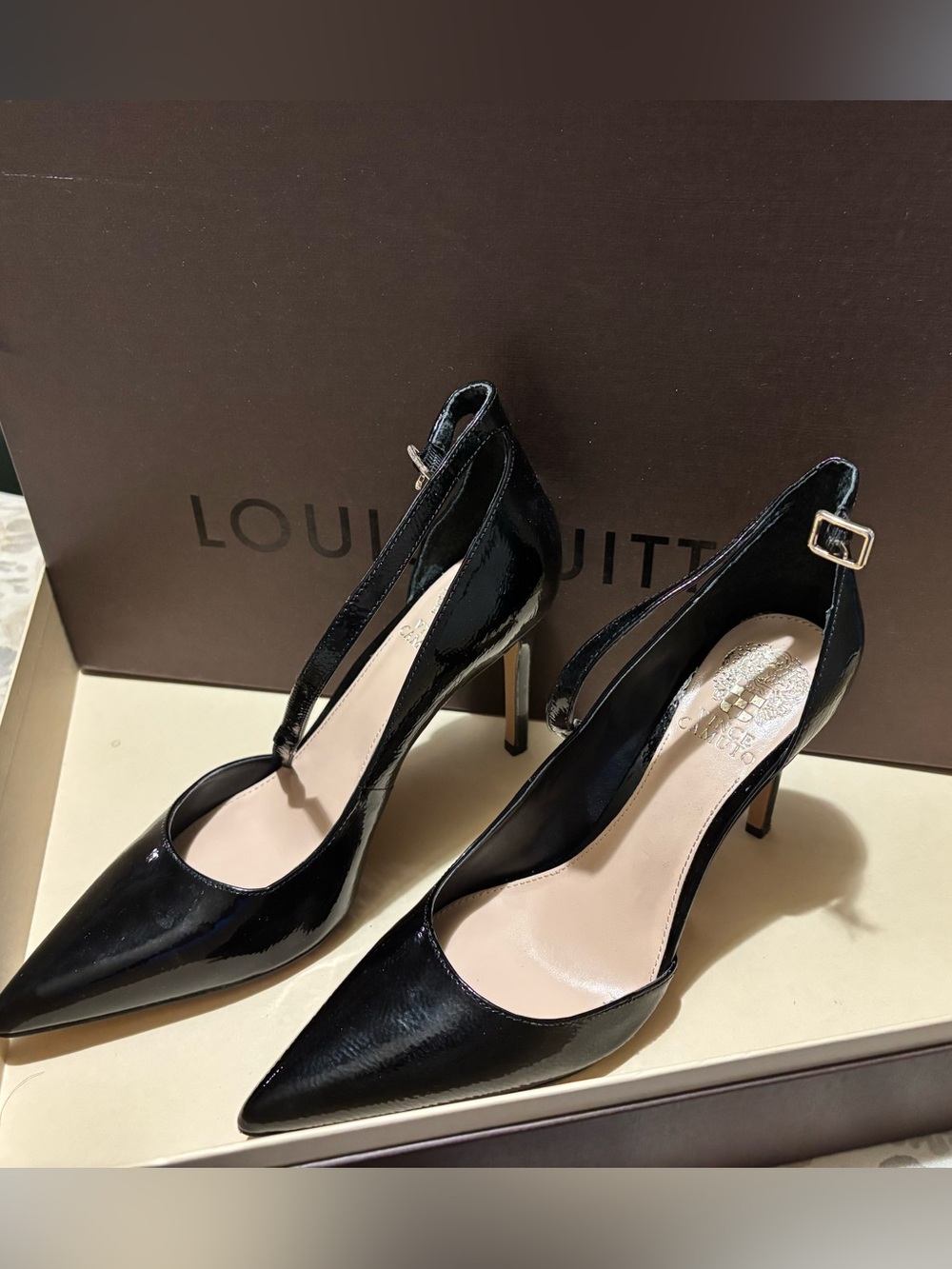 Vince Camuto Black Patent Pointed T-Strap Heels
